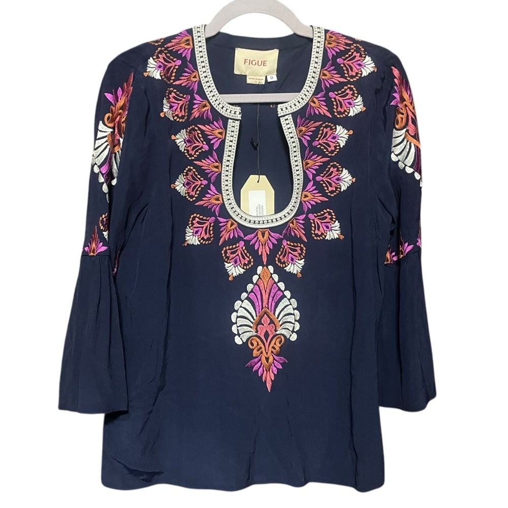 Figue Embroidered Cortney Top Bell Sleeves Bohemian Peasant Festive Size S